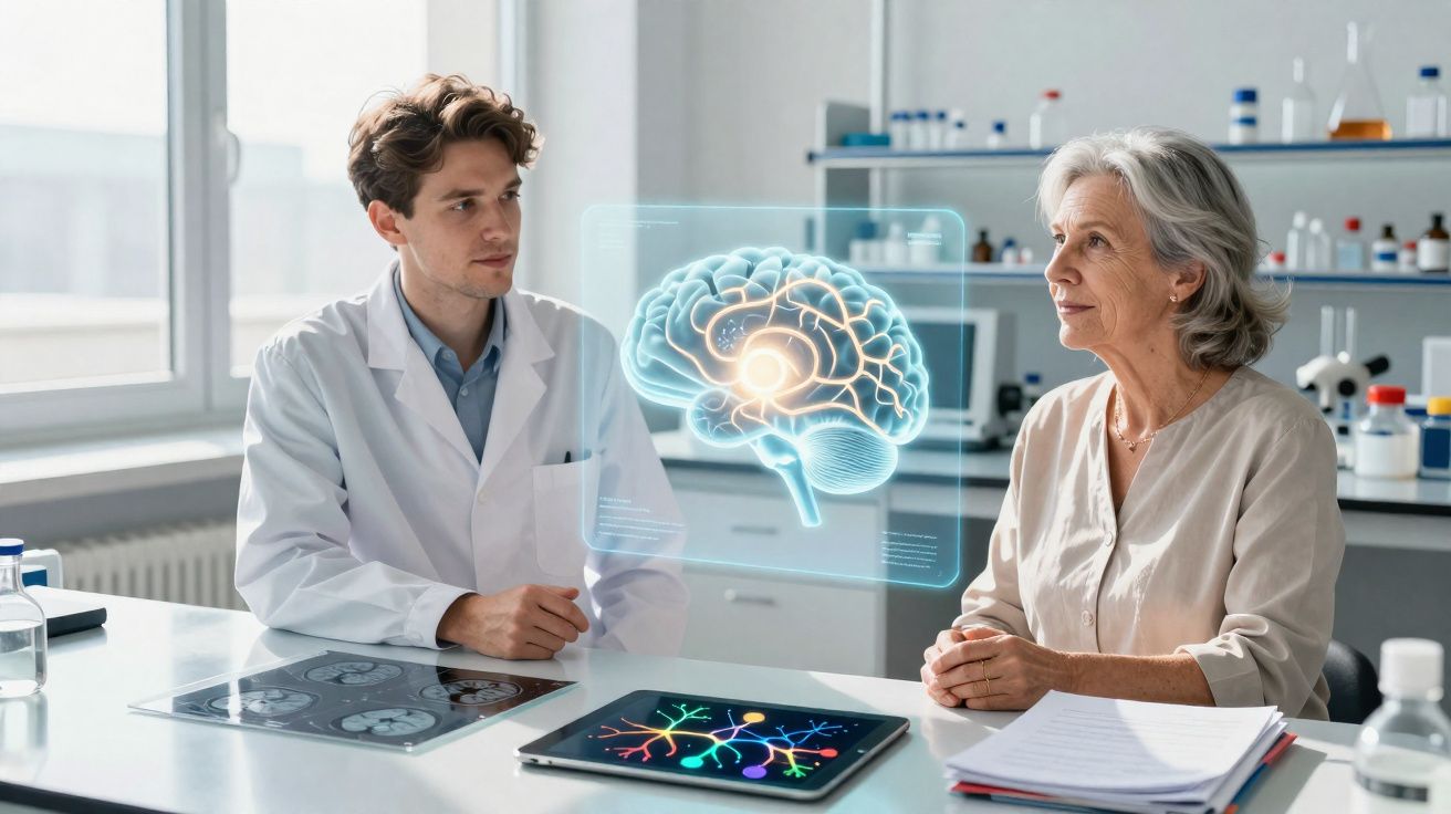 Médico e idosa discutem exame cerebral digital em consultório moderno de neurologia.