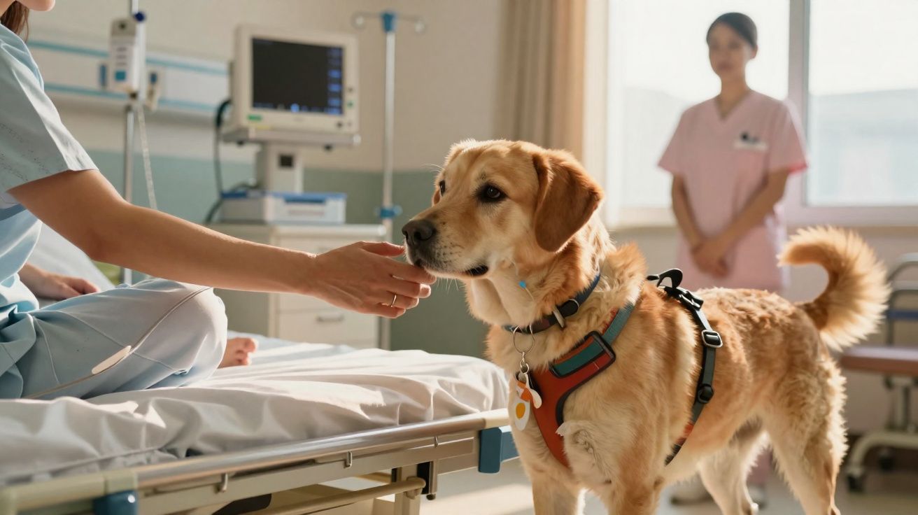 Cachorro de terapia interagindo com paciente em cama de hospital enquanto profissional observa ao fundo.