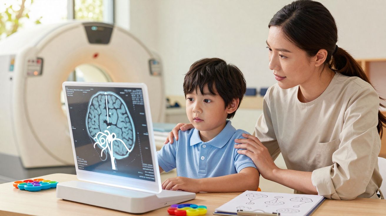 Mulher e menino observam imagem cerebral em dispositivo transparente em ambiente clínico.