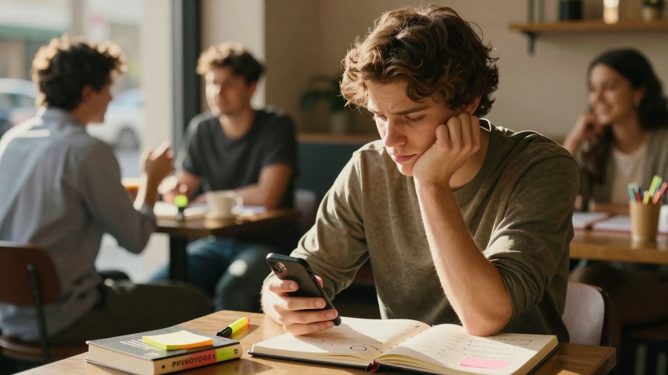 Jovem concentrado olhando o celular enquanto estuda em mesa com livros em ambiente de café.