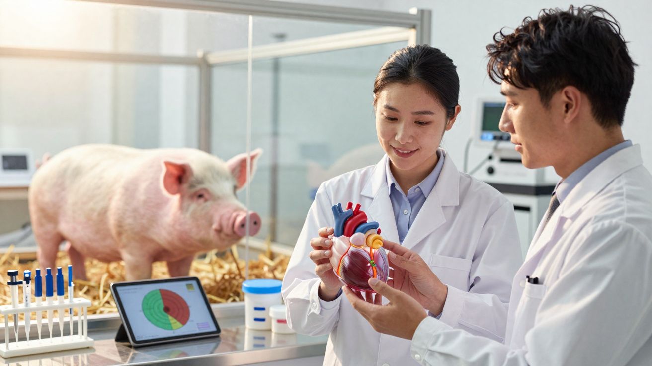 Dois cientistas em jaleco seguram modelo anatômico de coração, com porco em ambiente de laboratório ao fundo.