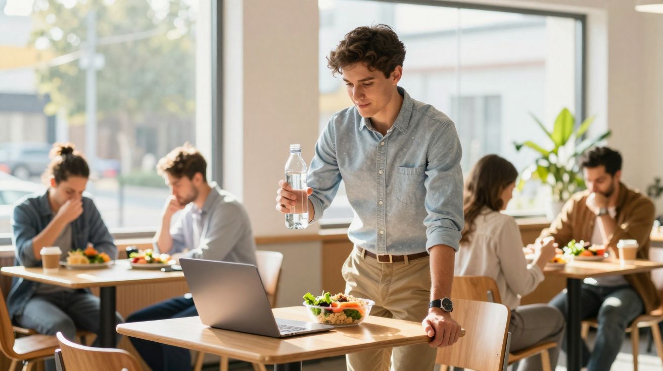 Jovem segurando garrafa de água ao lado de laptop e salada em restaurante com outras pessoas ao fundo.