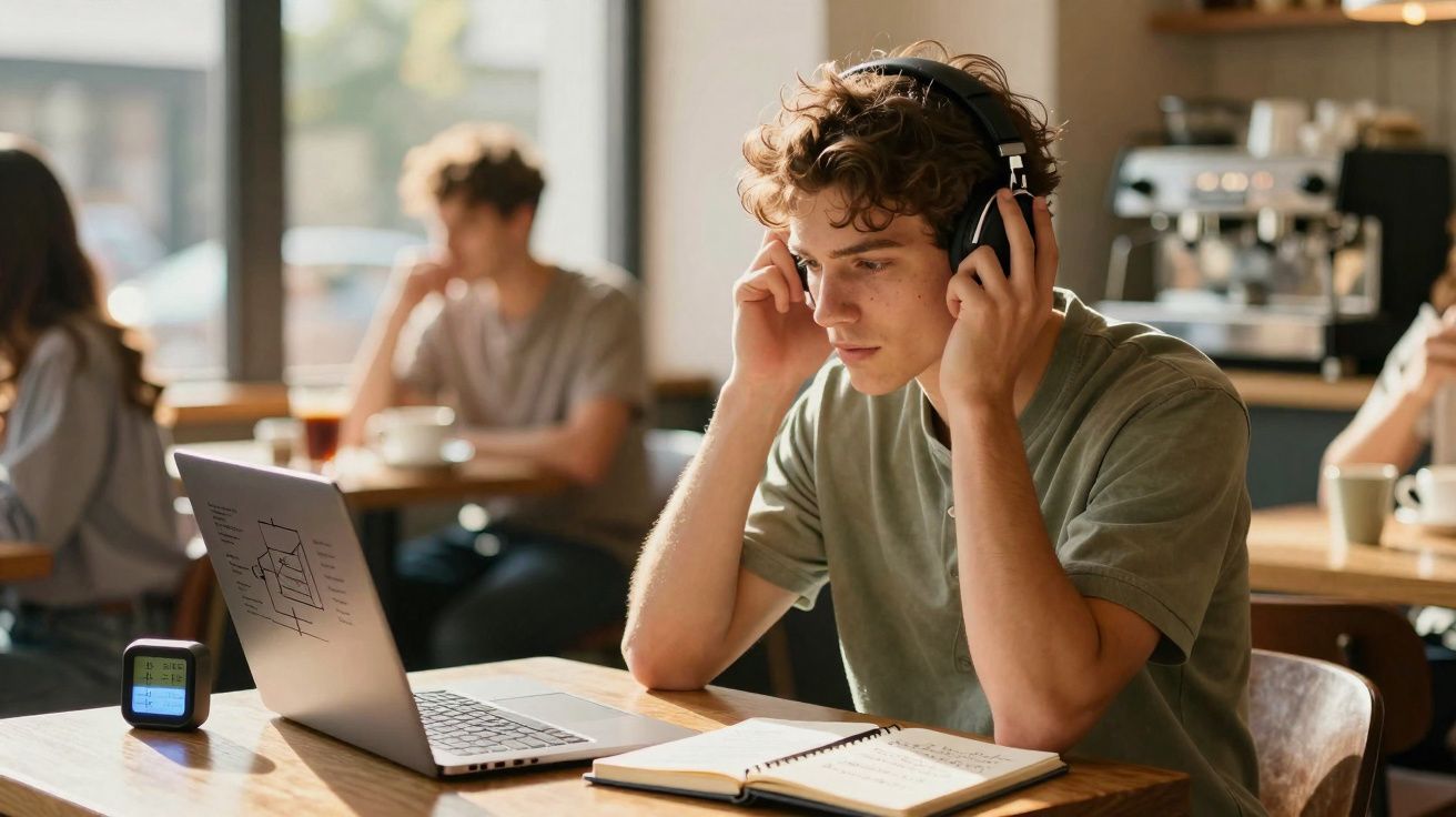 Jovem com fones de ouvido estudando com laptop e caderno em cafeteria iluminada pela luz natural.