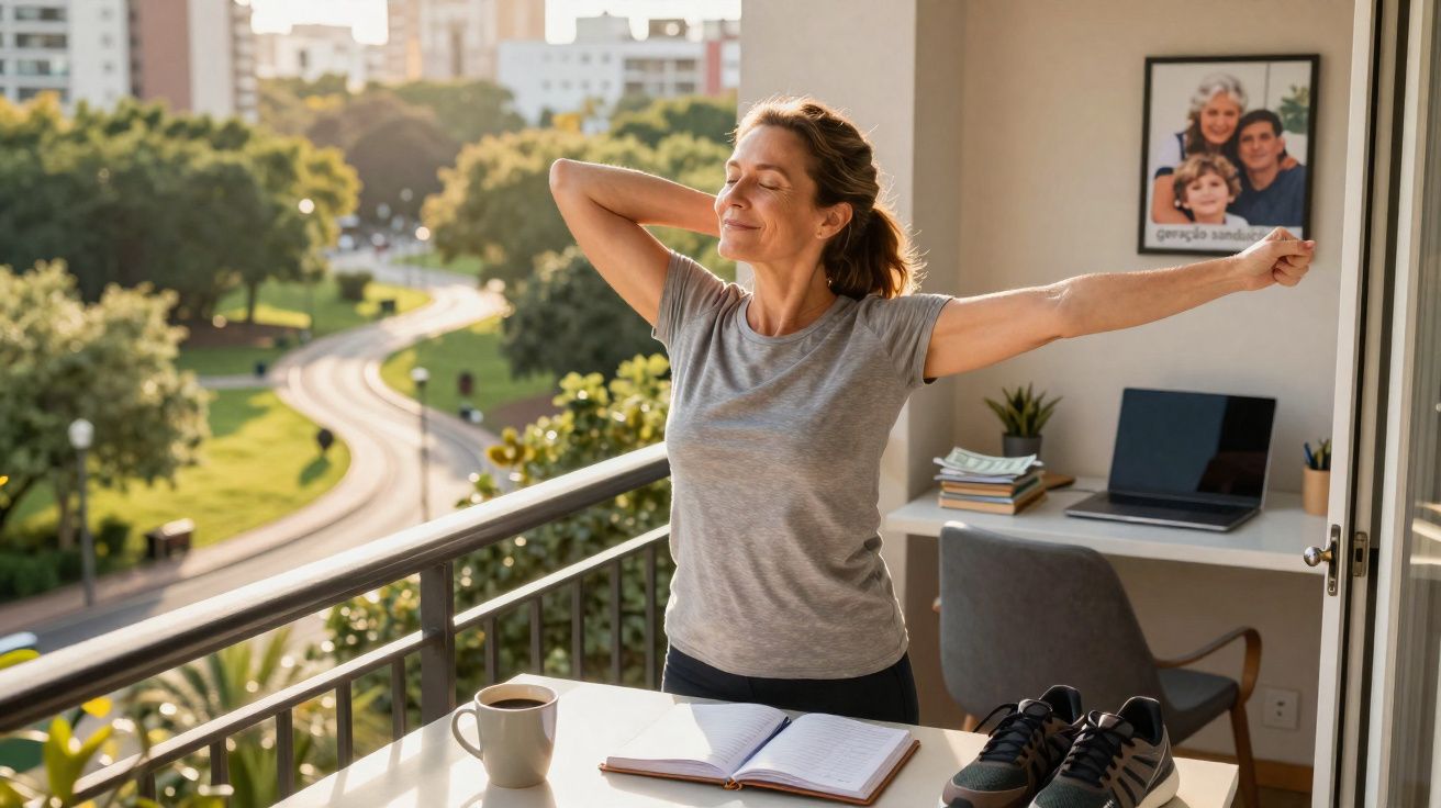 Mulher esticando os braços na varanda, ao lado de mesa com café, tênis e caderno aberto.