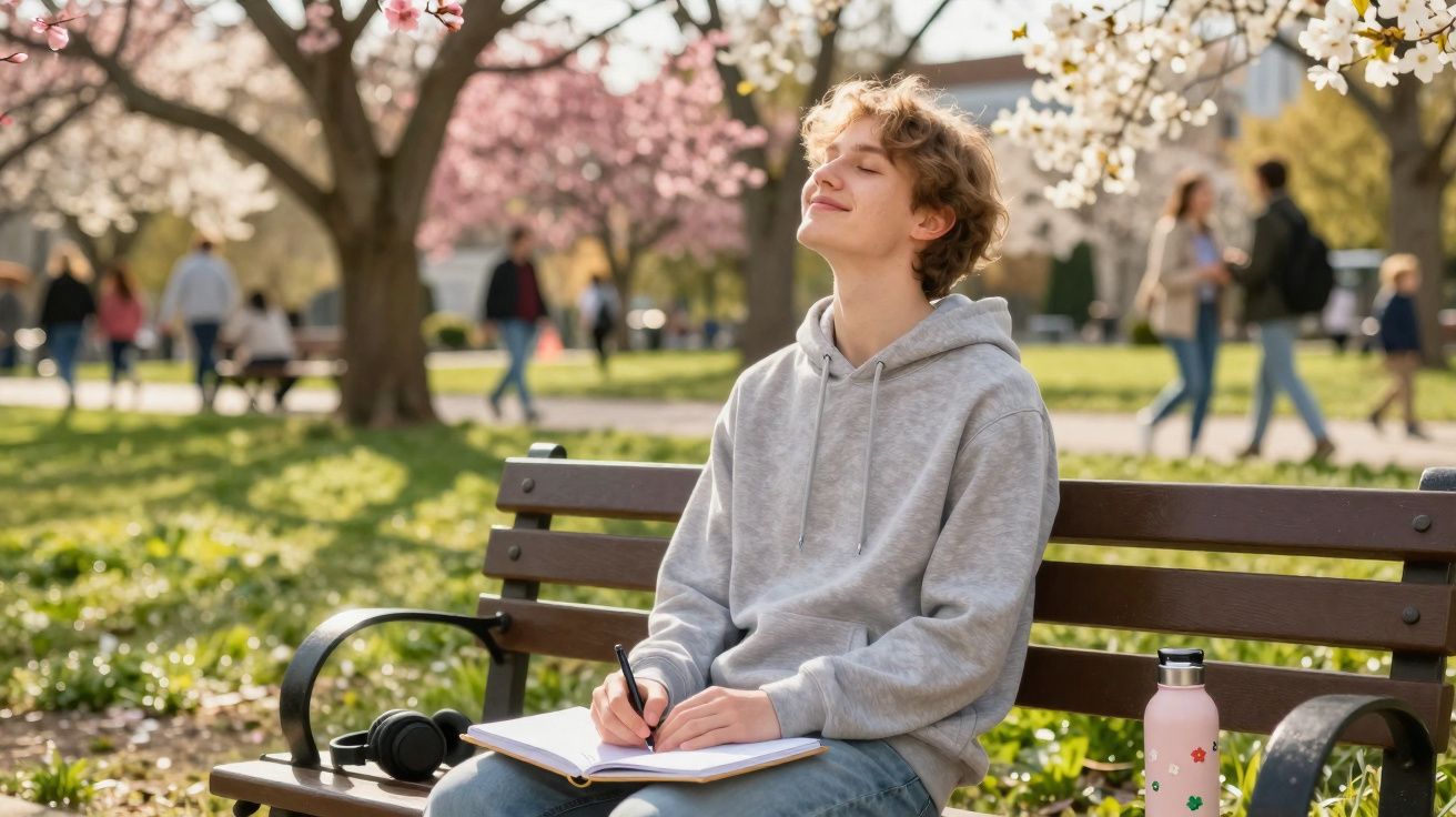Jovem sentado em banco no parque, escrevendo em caderno e apreciando flores de árvore ao redor.