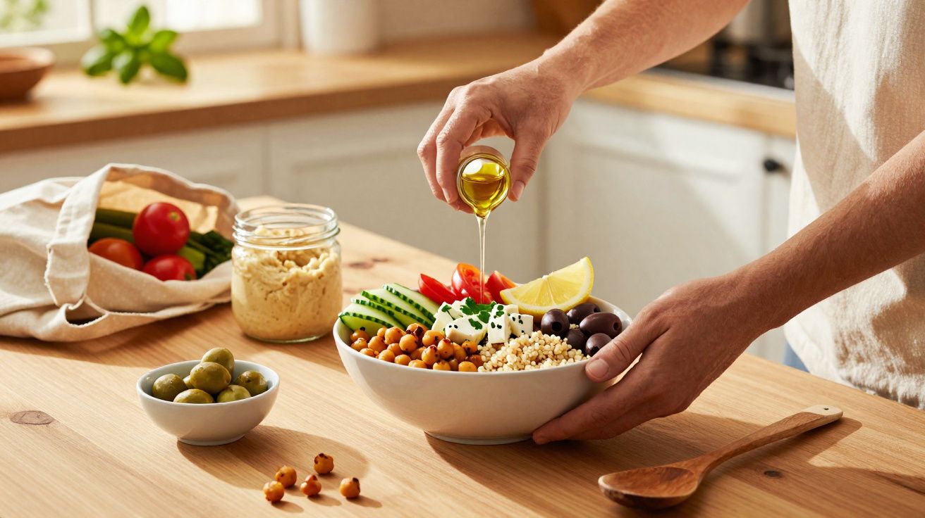 Pessoa regando azeite em salada colorida com grão-de-bico, tomate, pepino, queijo e azeitonas na cozinha.