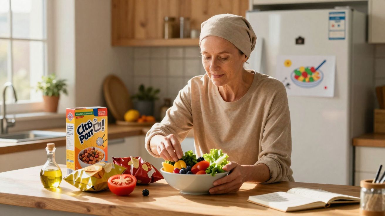 Mulher com lenço preparando salada fresca na cozinha iluminada e organizada.