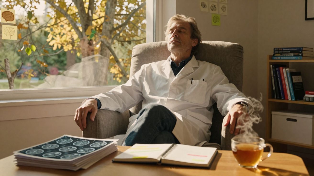 Homem de jaleco branco sentado relaxando em poltrona, com raio-x e caderno na mesa e xícara de chá fumegante.