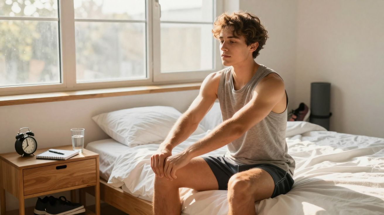 Jovem sentado na cama em quarto iluminado pelo sol da manhã, com mesa lateral e relógio despertador.