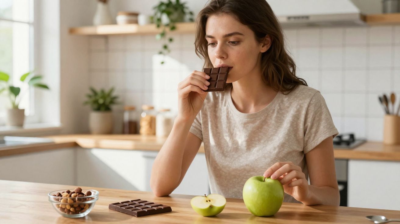 Mulher sentada à mesa na cozinha, segurando uma maçã verde e comendo chocolate ao leite.