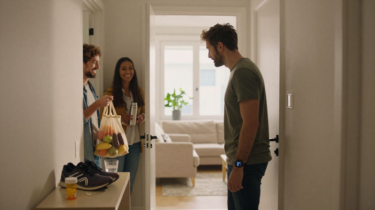 Três adultos conversam na porta de um apartamento, um segurando sacola com frutas e outro com garrafa térmica.