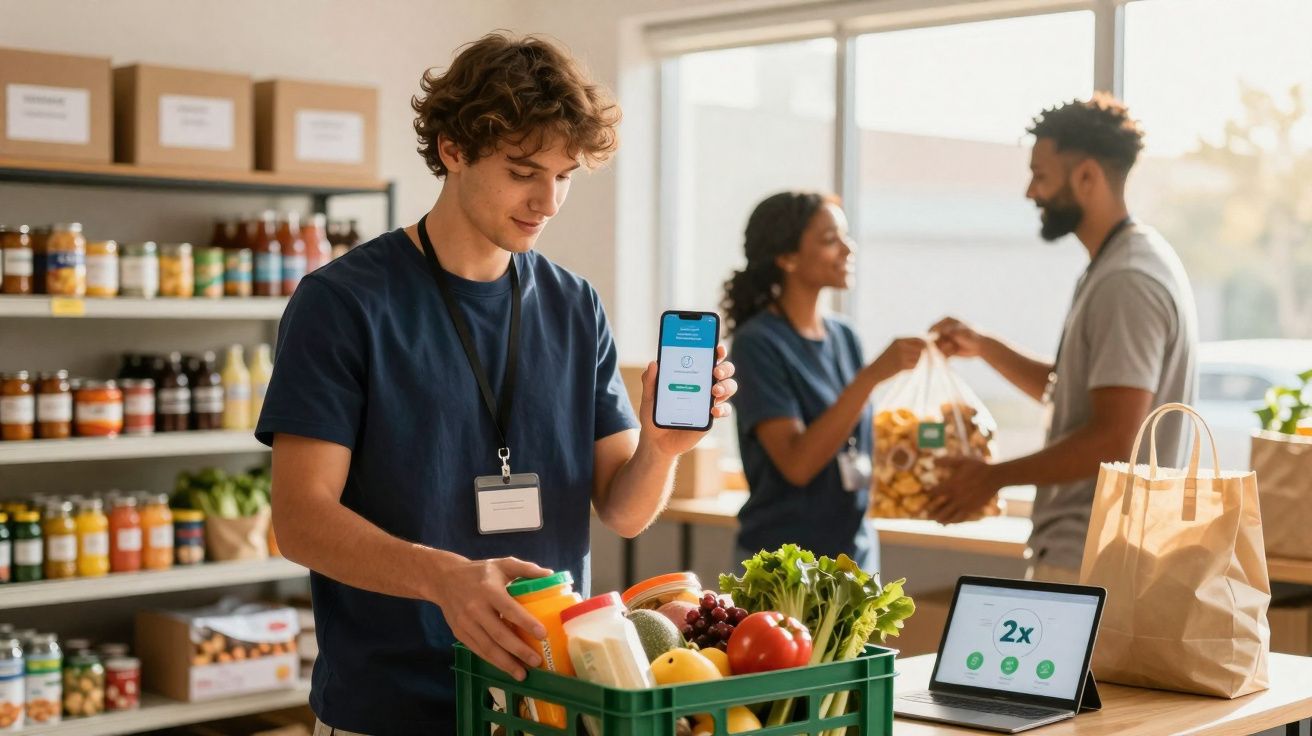 Jovem com uniforme mostra celular enquanto organiza alimentos em caixa, casal ao fundo recebe sacola em loja.