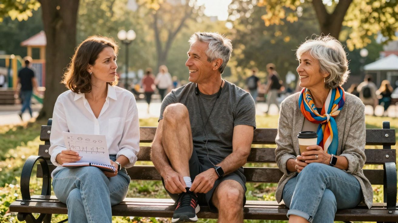 Três pessoas sentadas em um banco de parque conversando, duas mulheres e um homem sorrindo no dia ensolarado.