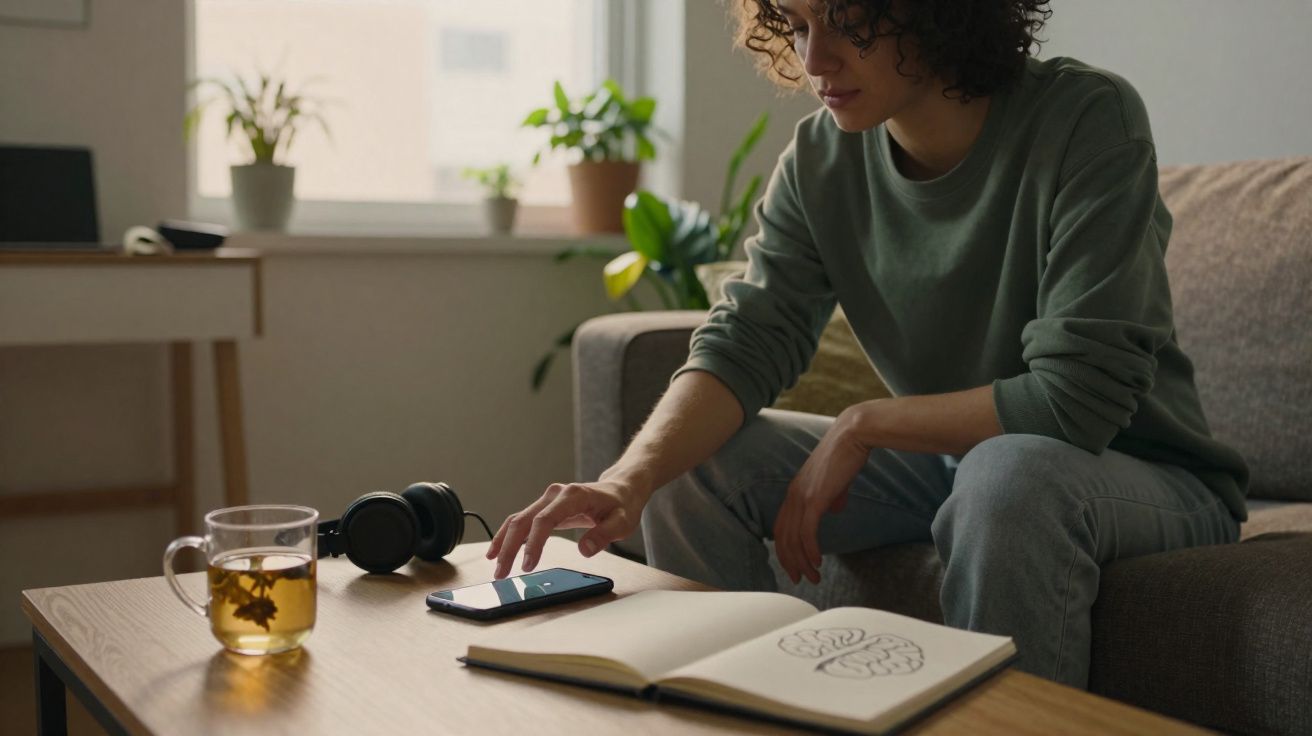 Pessoa sentada no sofá, tocando celular em mesa com caderno aberto, fones e xícara de chá.