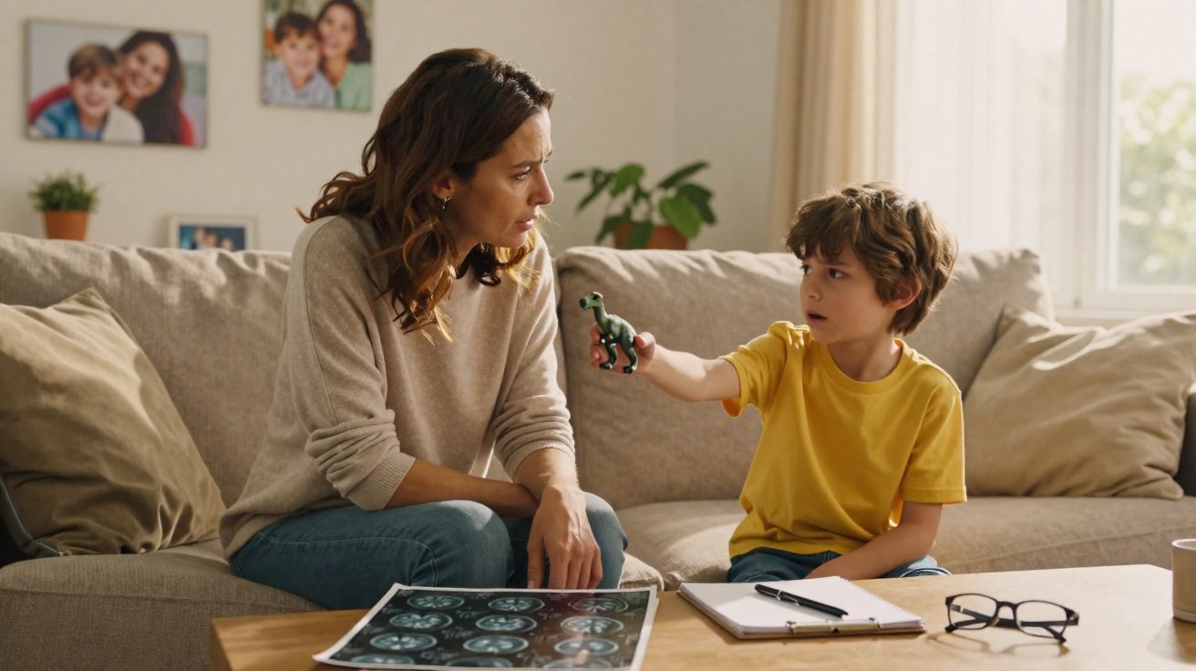 Mãe conversa com filho sentado no sofá, menino mostra brinquedo de dinossauro durante estudo em casa.