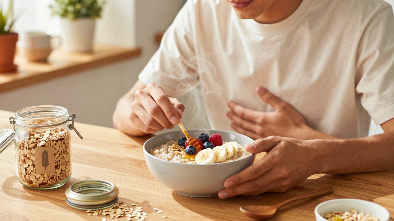 Pessoa segurando tigela com mingau quente, frutas e mel, sentada à mesa de madeira próxima a pote de aveia.