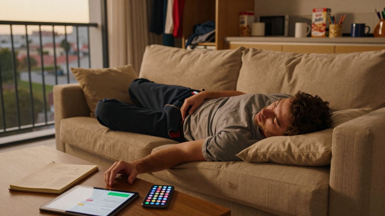 Homem deitado no sofá com travesseiro, ao lado mesa com tablet, celular e caderno em ambiente residencial.