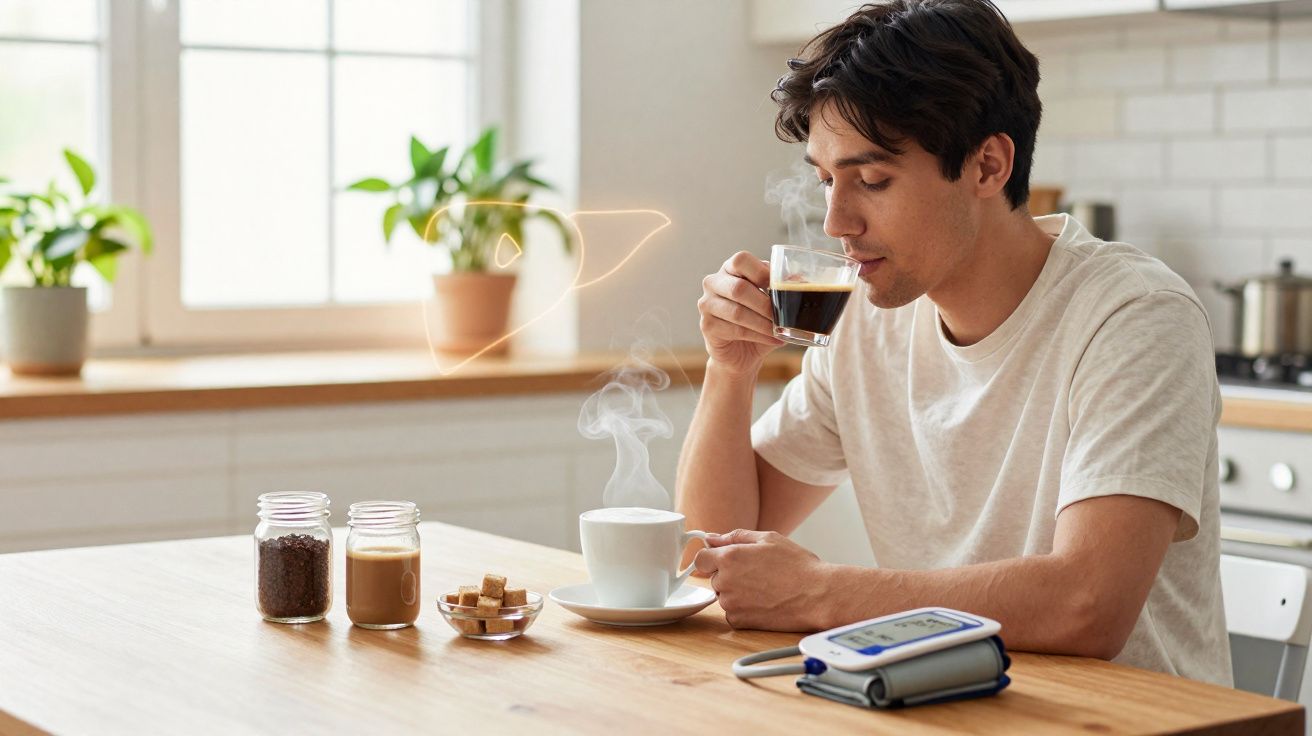 Homem tomando café quente em cozinha iluminada, com medidor de pressão na mesa.