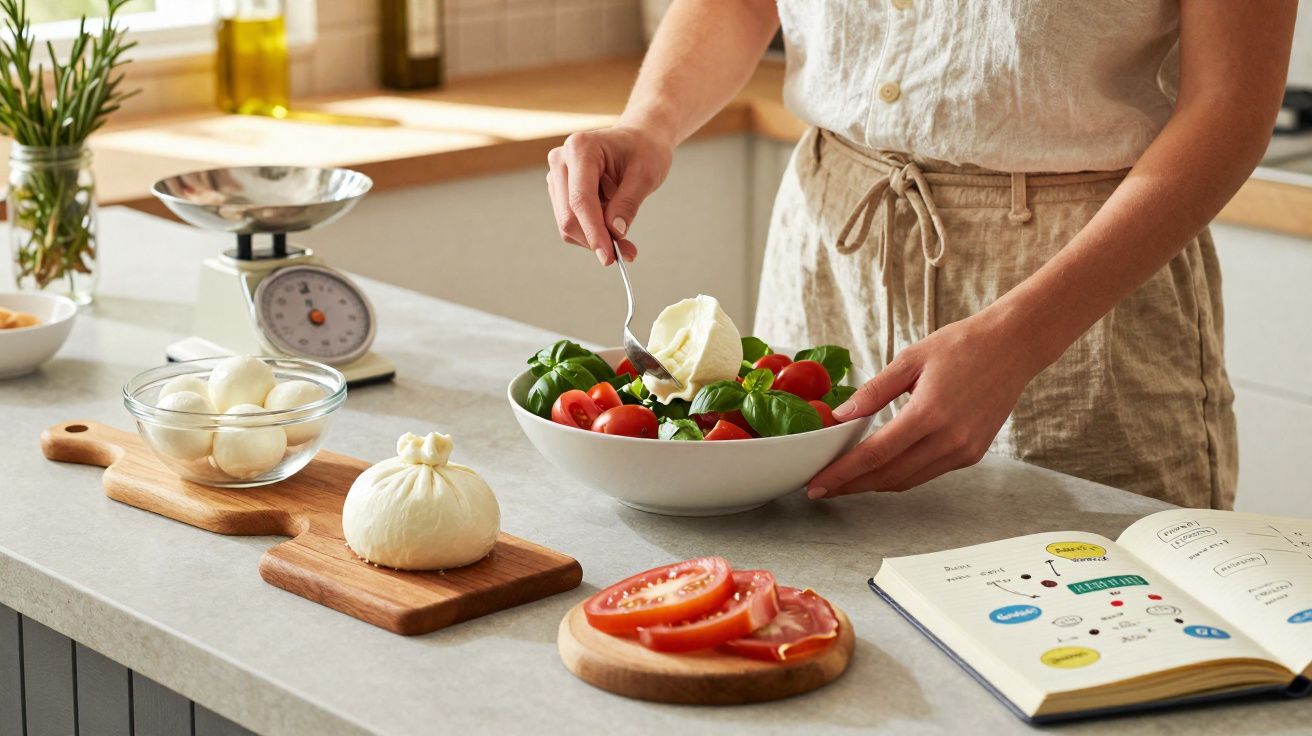 Pessoa preparando salada com tomates, folhas verdes e queijo em cozinha iluminada.