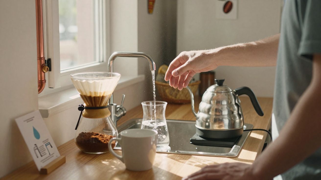 Pessoa enchendo copo com água em cozinha iluminada, próximo a coador de café e chaleira elétrica.