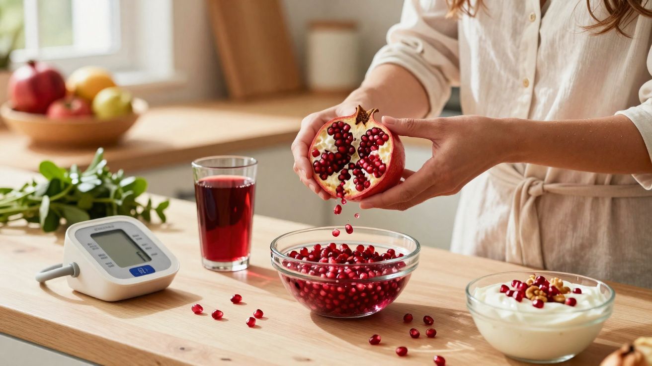 Pessoa segurando romã aberta sobre tigela com sementes, suco, iogurte e aparelho de medição em bancada.