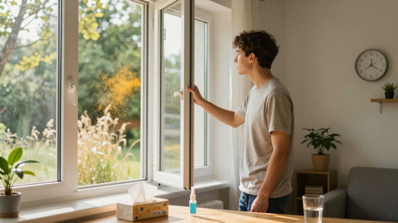 Jovem abrindo janela para arejar a casa em um dia ensolarado, com plantas e relógio na parede.
