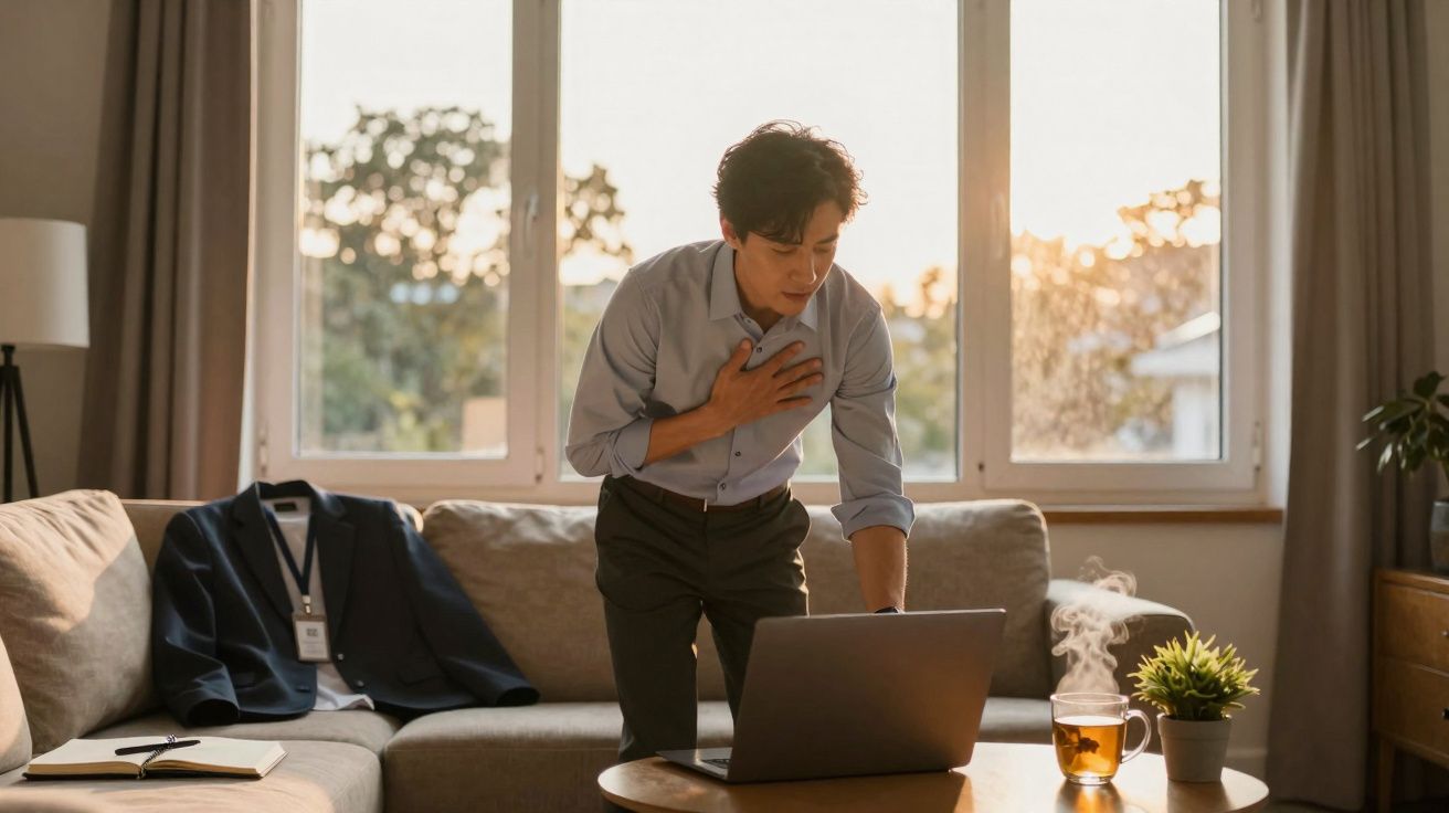 Homem de olhos fechados com expressão de dor segurando o peito em frente a um laptop em uma sala iluminada.