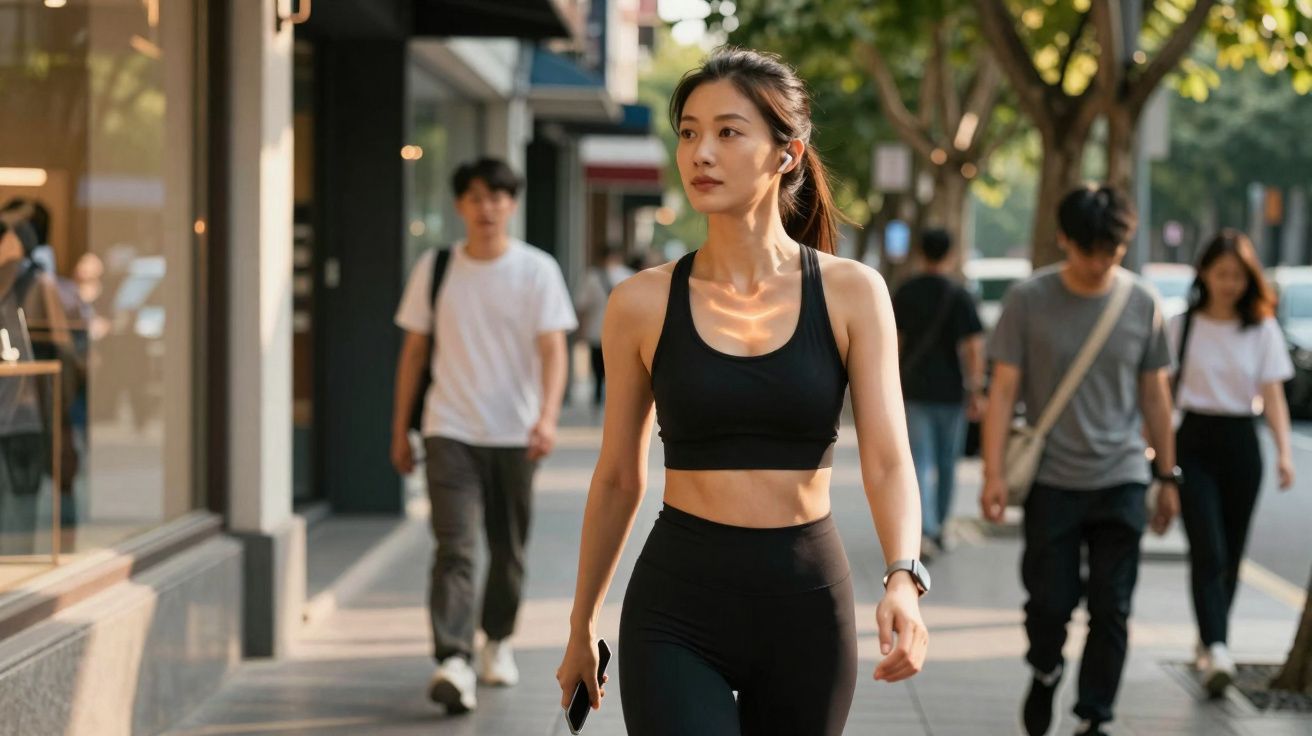 Mulher jovem vestindo roupa esportiva preta caminhando na rua urbana em dia ensolarado.