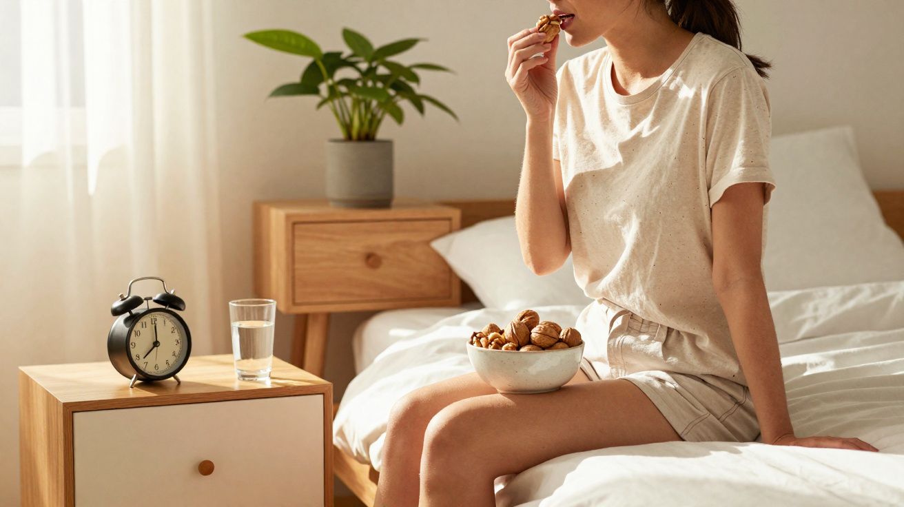 Mulher sentada na cama com tigela de nozes, com relógio e copo d'água em móvel ao lado.