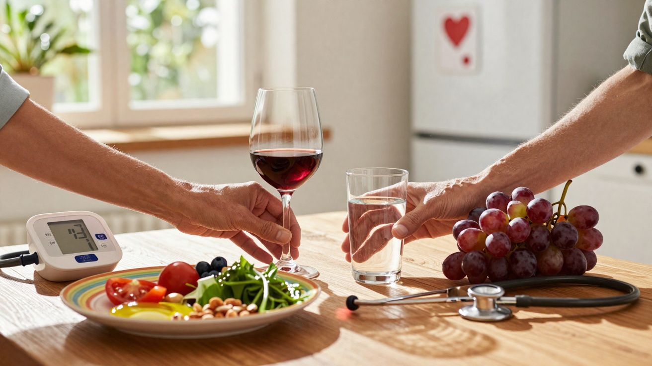 Mãos pegando taça de vinho e copo de água sobre mesa com alimentos saudáveis e equipamento médico.