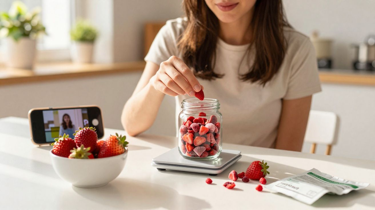 Mulher pesando frutas vermelhas congeladas em pote na cozinha com smartphone exibindo outra pessoa.