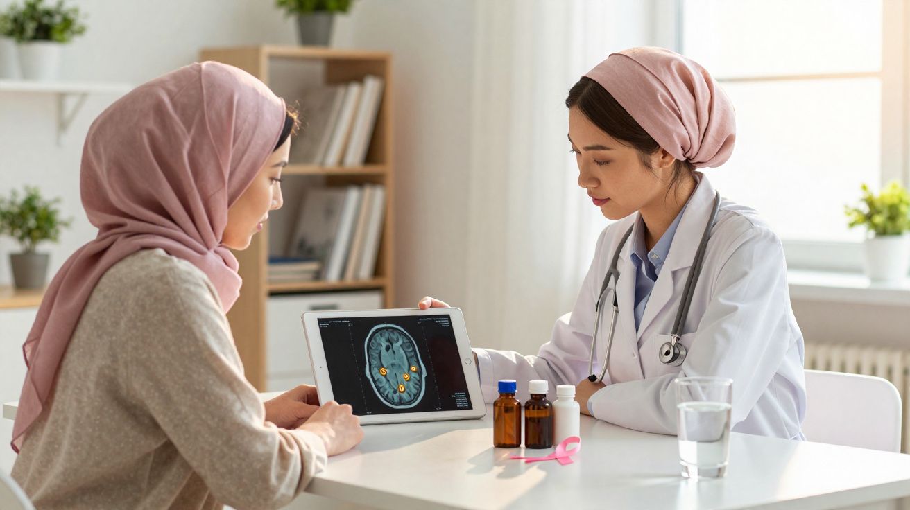 Doutora mostrando exame de ressonância magnética cerebral para paciente em consultório médico.