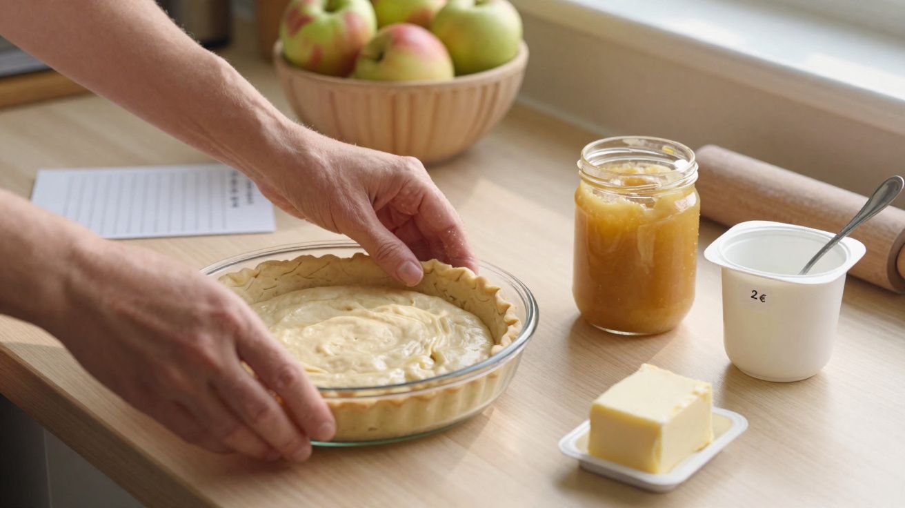 Mãos ajustando massa de torta com creme em forma de vidro na bancada com manteiga, geléia e iogurte.