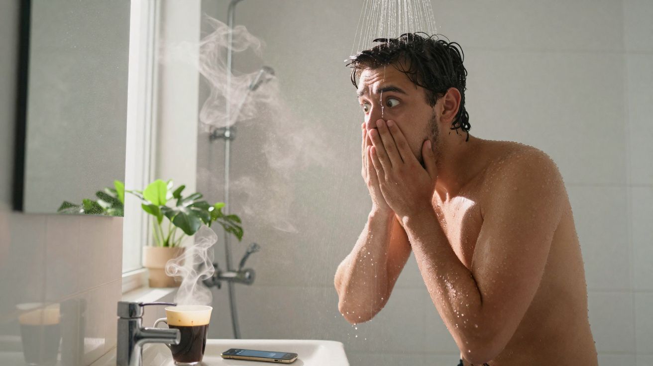 Homem surpreso segurando o rosto no chuveiro ao ver fumaça saindo de uma xícara de café.