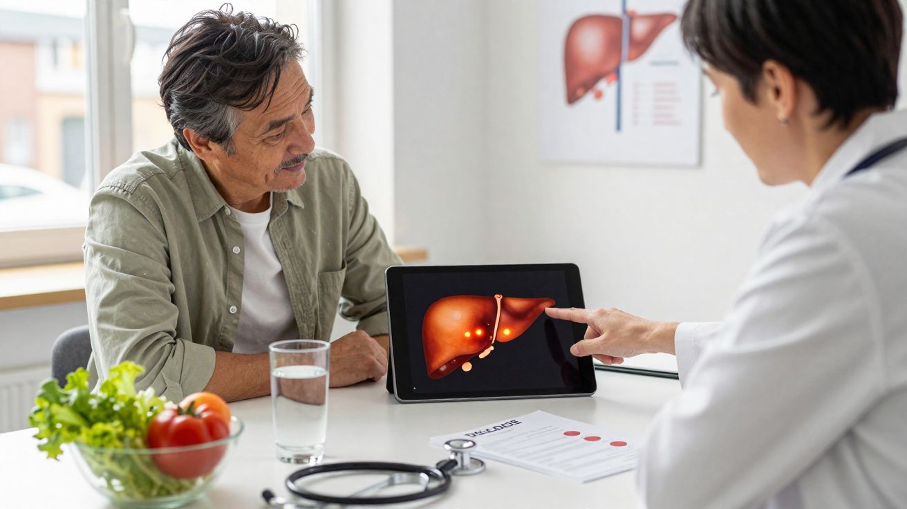 Médica explica para paciente imagem digital de fígado em tablet durante consulta no consultório.