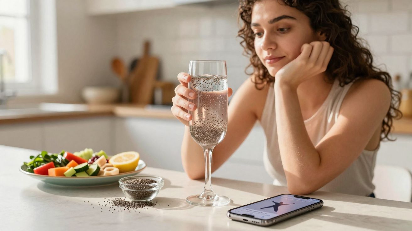 Jovem sentada à mesa segurando taça com bebida de sementes de chia, com prato de salada e celular à frente.