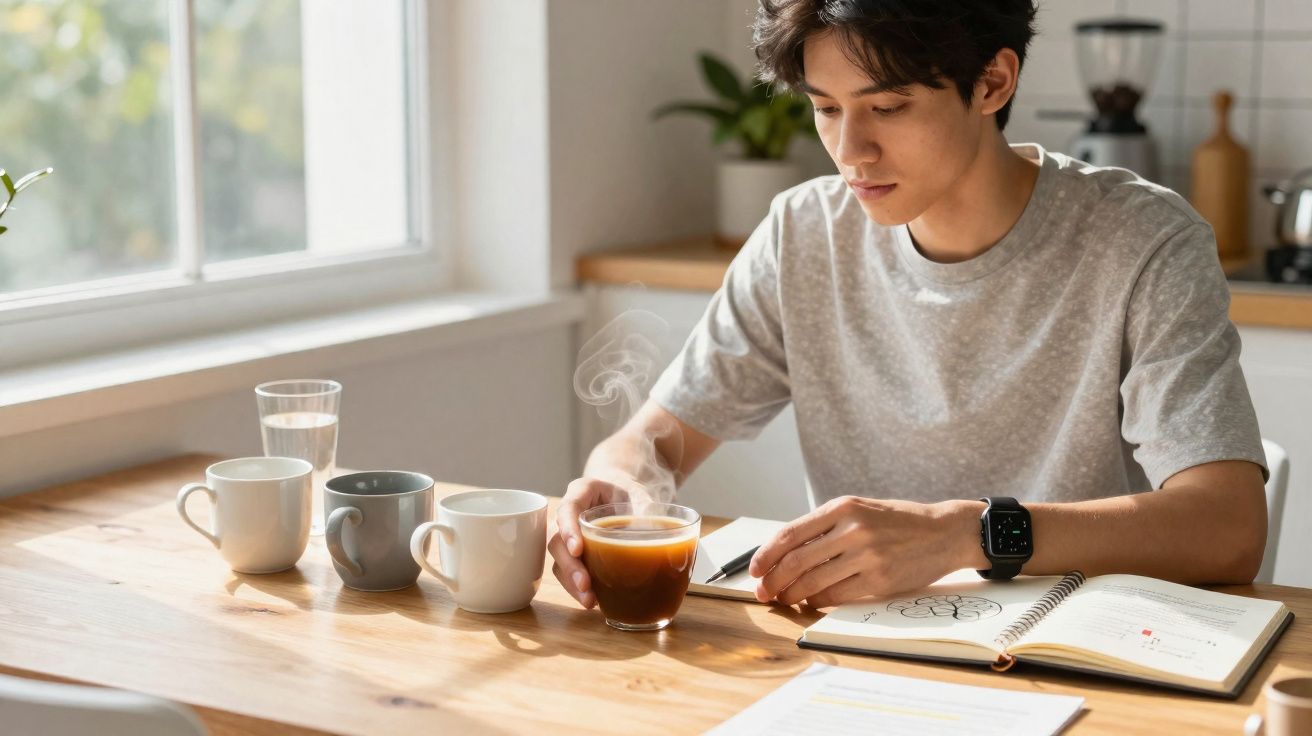 Jovem sentado à mesa segurando xícara de café quente com quatro canecas e cadernos à sua frente.