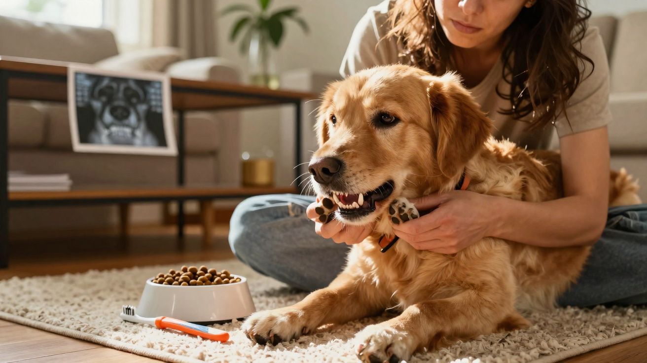 Mulher acaricia cachorro golden retriever deitado em tapete ao lado de comedouro com ração.