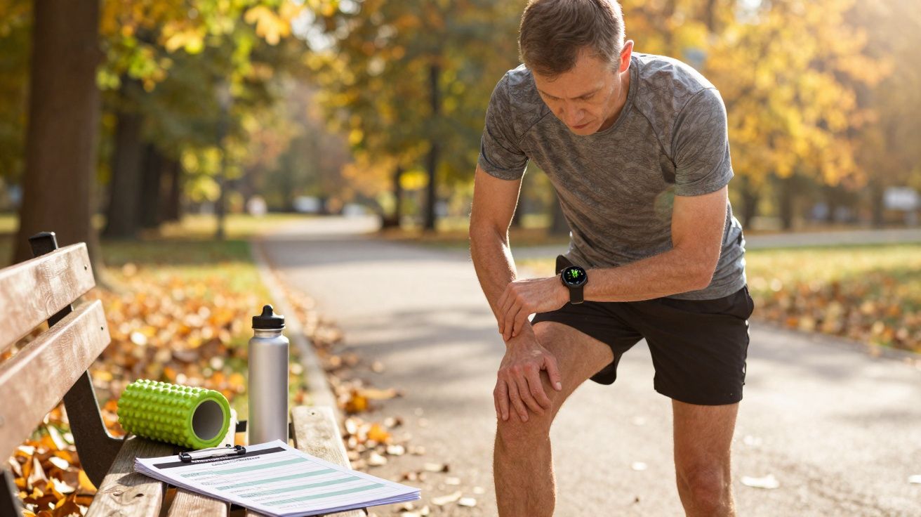 Homem com roupa esportiva verifica o joelho em parque com folhas de outono ao fundo.