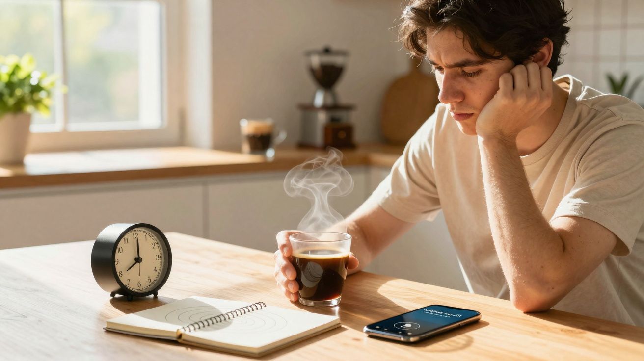 Jovem sentado à mesa, segurando xícara de café quente, com relógio, caderno e celular sobre a mesa.