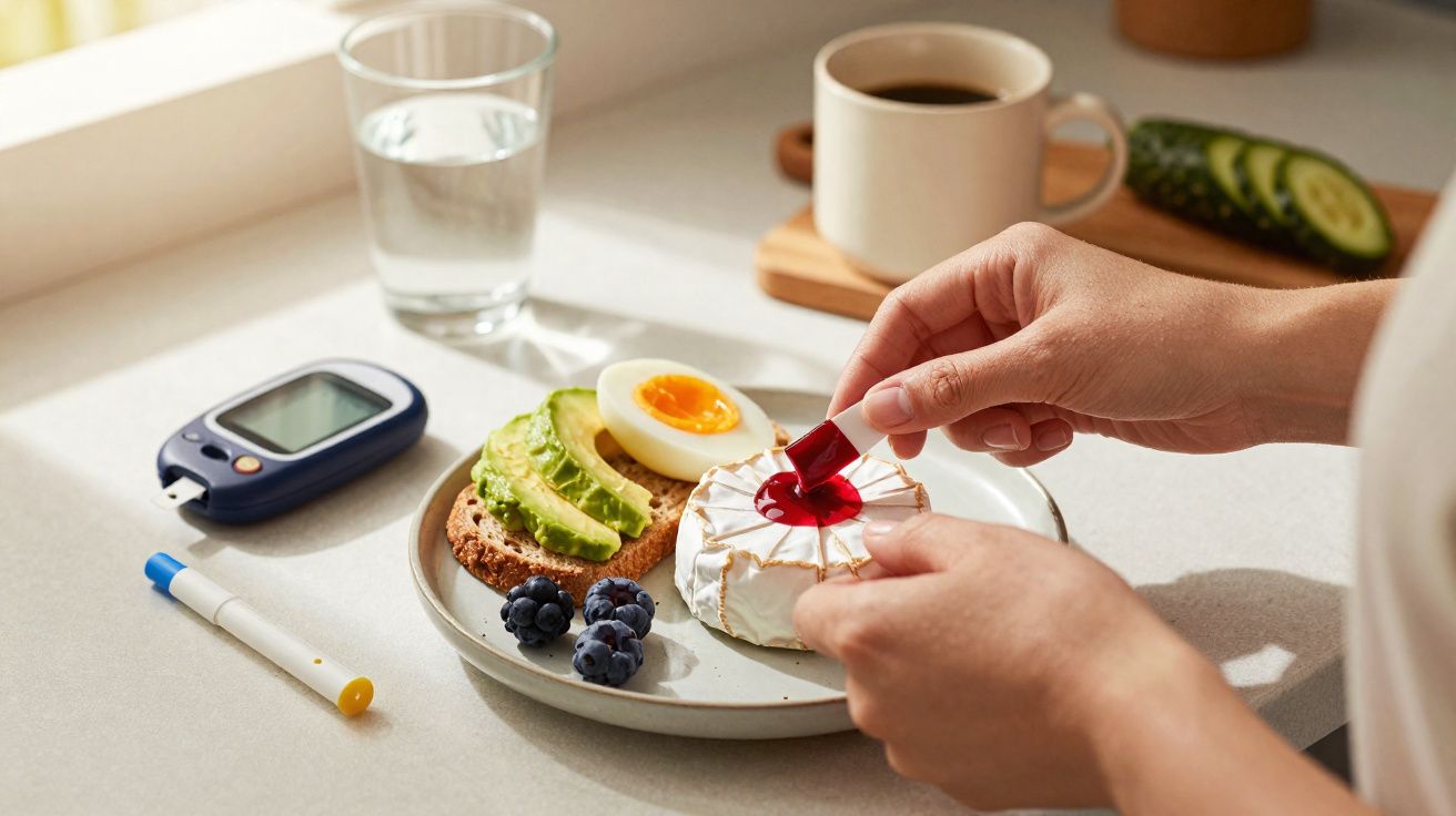 Pessoa colocando geléia em queijo brie, ao lado de torrada com abacate, ovo, amoras, copo d'água e medidor de glicose.