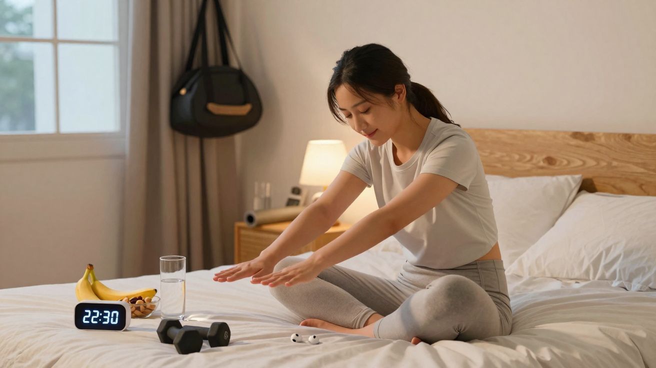 Mulher sentada na cama fazendo alongamento com laptop, halteres e frutas ao lado.