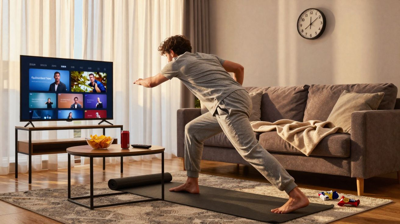 Homem fazendo exercício em tapete na sala, assistindo programa na televisão de tela grande.