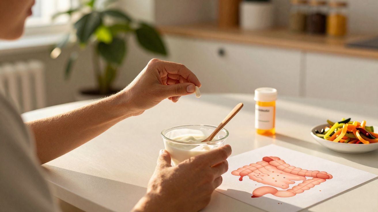 Pessoa segurando iogurte para tomar com remédio, com ilustração do sistema digestivo sobre a mesa.