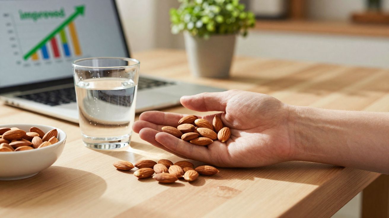 Mão segurando amêndoas ao lado de copo d'água, tigela com amêndoas e laptop com gráfico de crescimento.