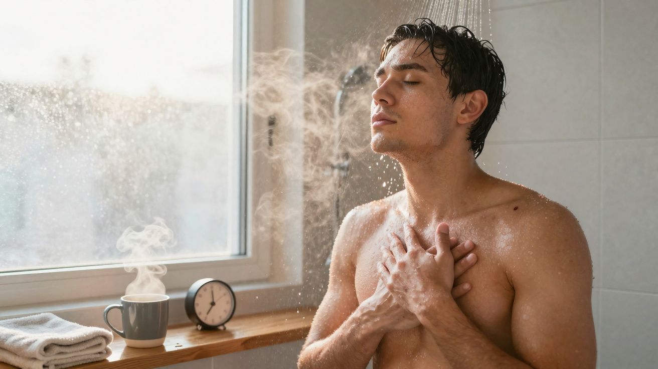 Homem tomando banho de ducha em banheiro iluminado por janela com xícara, toalha e relógio na bancada.