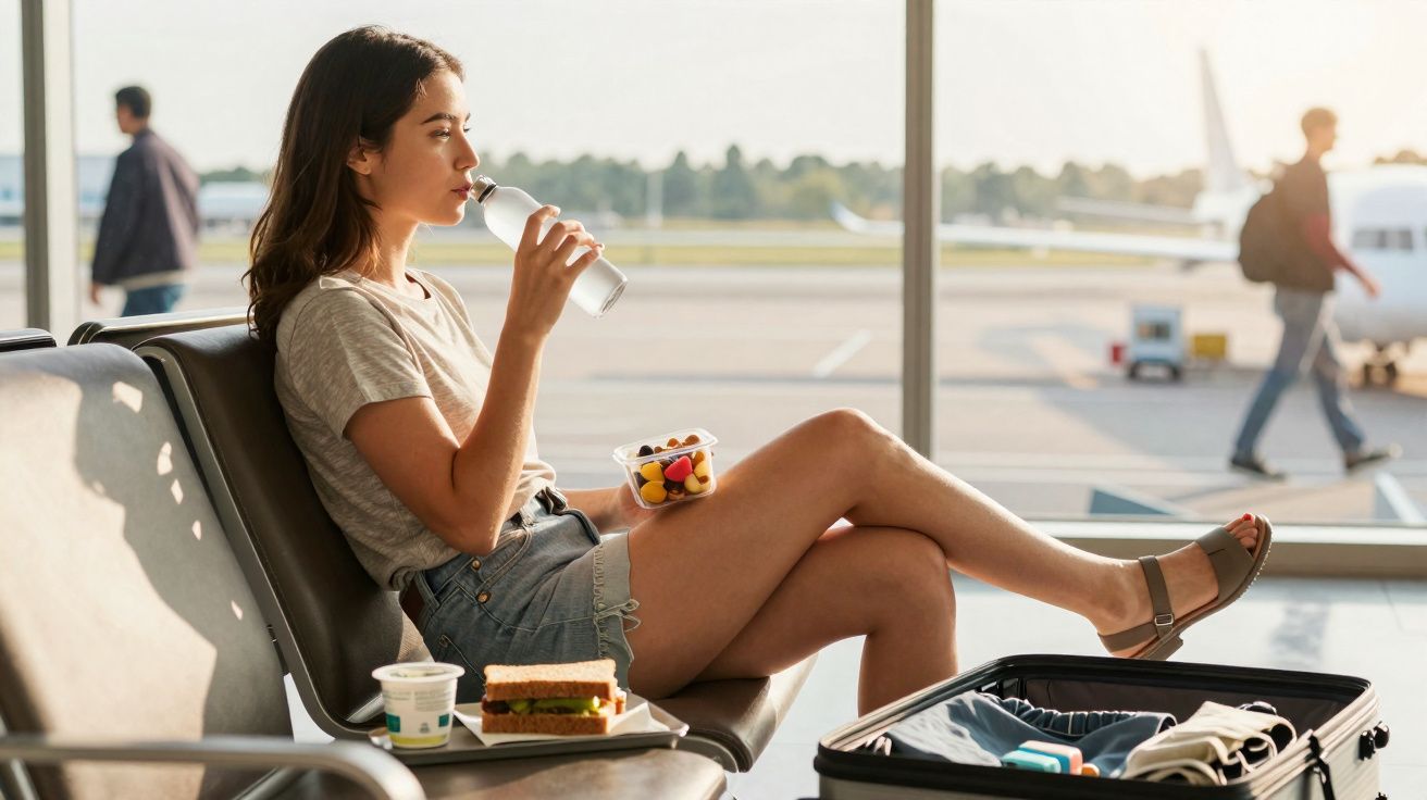 Mulher sentada em aeroporto, bebendo água e com lanche ao lado, com mala aberta e janelas ao fundo.