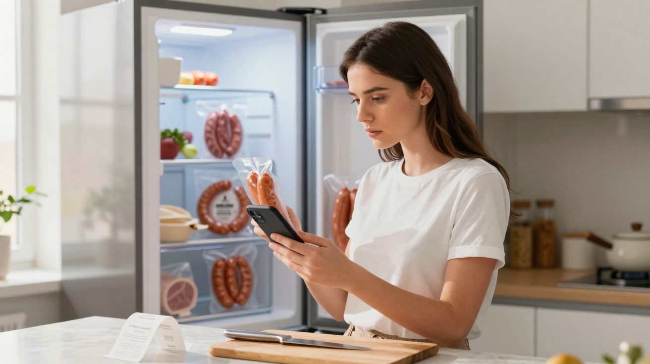 Mulher segurando embalgem de salsicha e olhando para celular na cozinha com geladeira aberta.