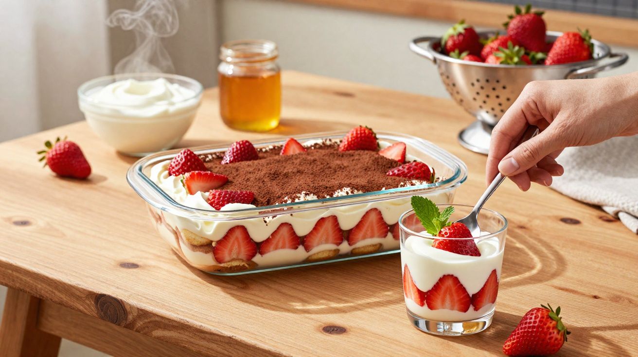 Sobremesa de morango com camadas de creme e biscoito, com mão pegando uma porção em copo.