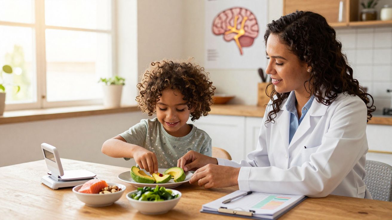 Nutricionista orienta criança a montar prato saudável com frutas e legumes em cozinha iluminada.